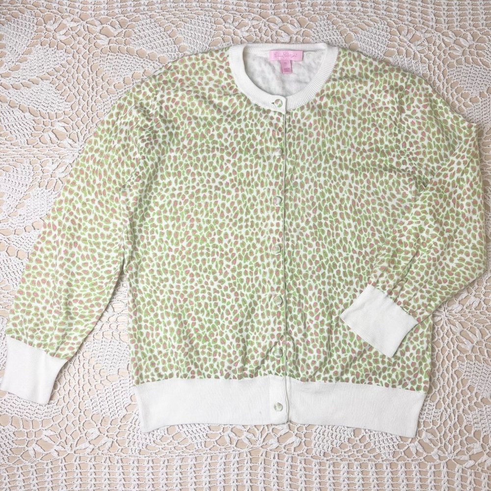 Lilly Pulitzer Women's Medium Spotted Cheetah Print Cropped Sleeve Knit Cardigan